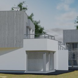 PAAiK Pracownia Architektury Archeologii i Konserwacji - Wizualizacja nowoczesnego domu z elementami drewnianymi i balkonem, otoczonego zielenią.