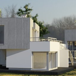 PAAiK Pracownia Architektury Archeologii i Konserwacji - Wizualizacja nowoczesnego domu z elementami drewnianej elewacji, balkonem i schodami zewnętrznymi, otoczonego zielenią.
