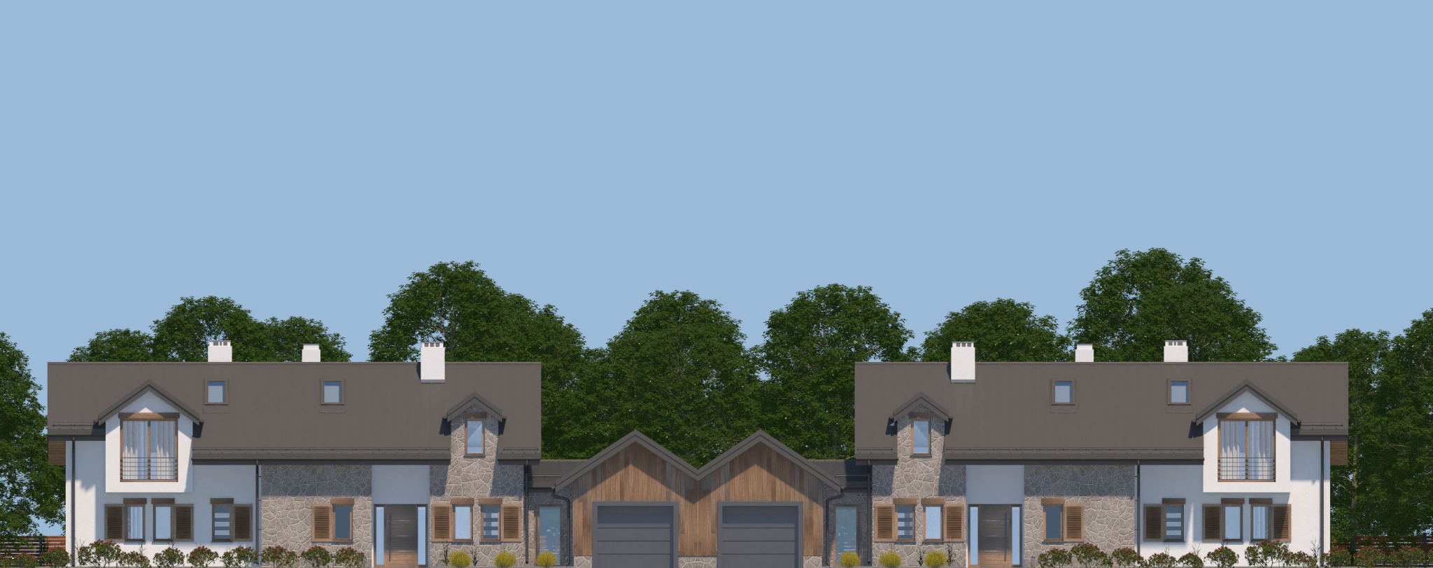 Wizualizacja szeregu domów jednorodzinnych z garażami, elewacja z elementami kamienia i drewna, grafitowe dachy, jasne ściany, okna z drewnianymi okiennicami.