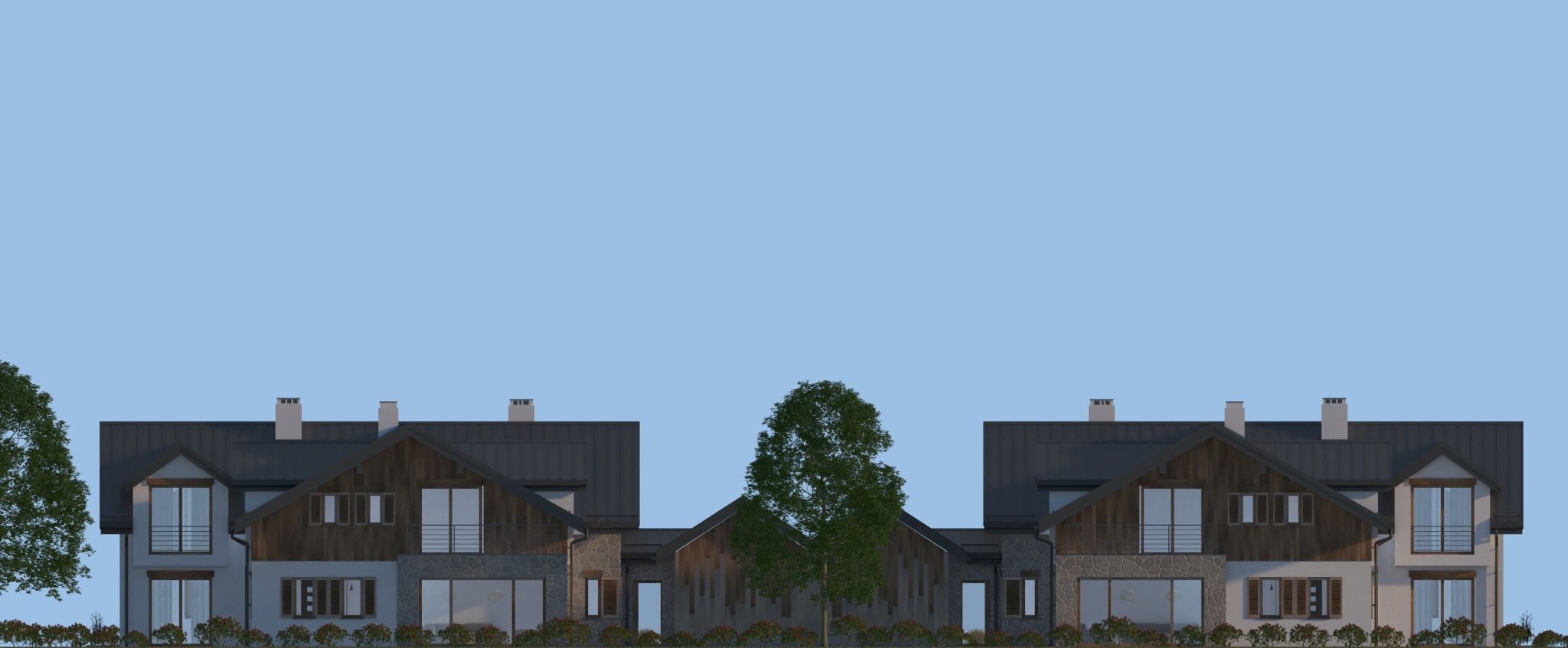 Wizualizacja dwóch symetrycznych domów jednorodzinnych z ciemnymi dachami i elementami drewnianymi, połączonych centralną częścią, z zielenią w tle i na pierwszym planie.