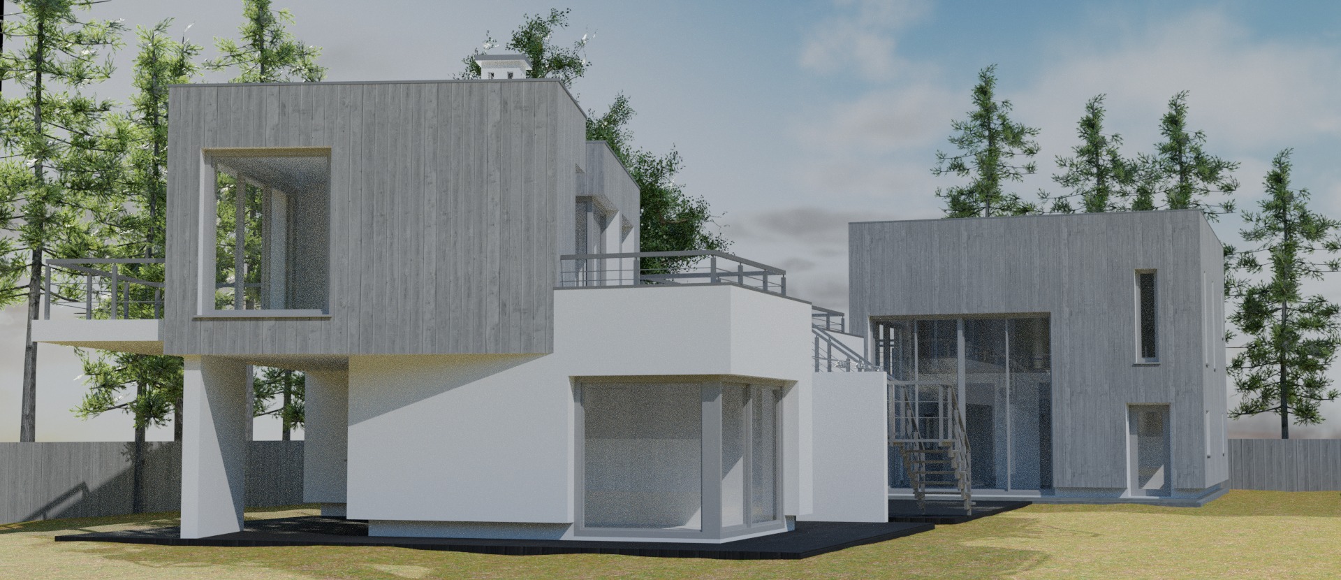 Wizualizacja nowoczesnego domu z elementami drewnianymi i balkonem, otoczonego zielenią.