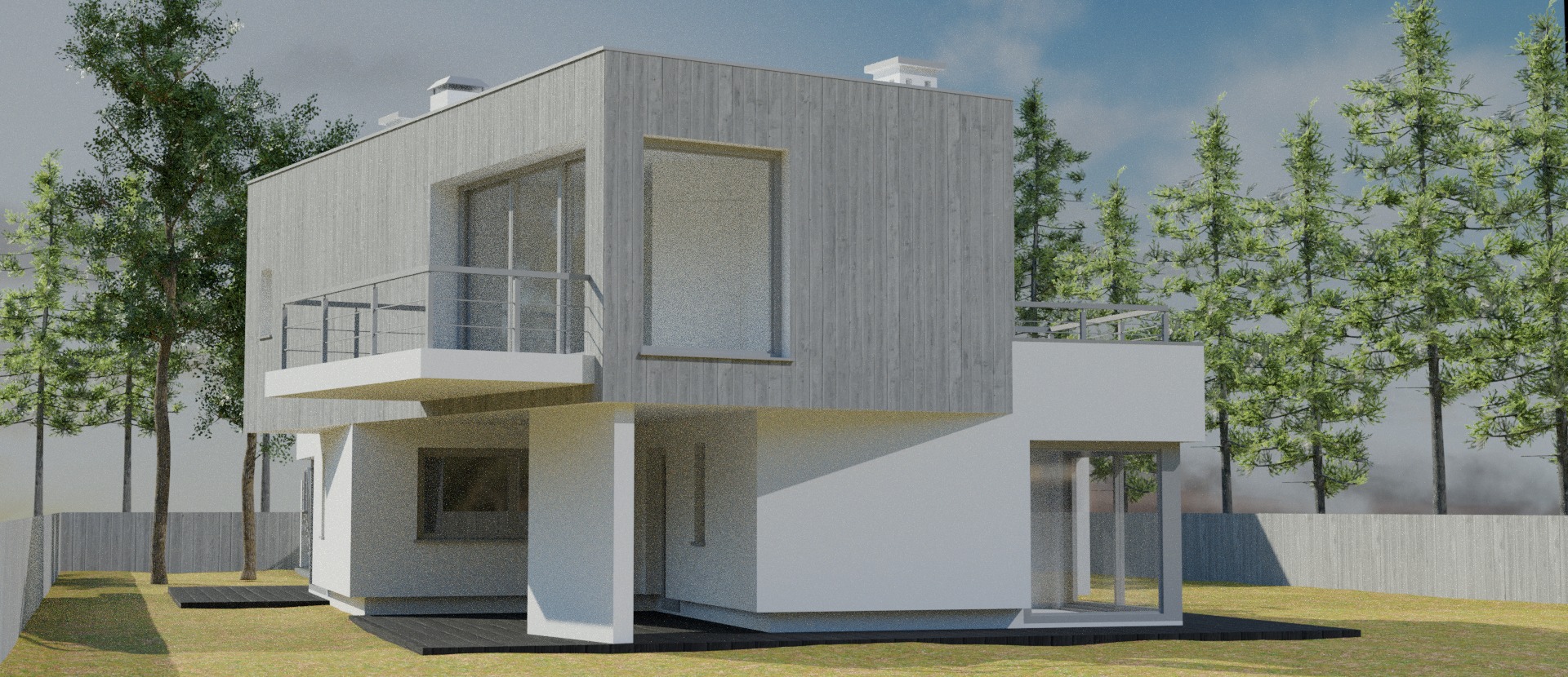 Wizualizacja nowoczesnego, dwukondygnacyjnego domu z płaskim dachem, drewnianą elewacją i balkonem z metalową balustradą, otoczonego zielenią.