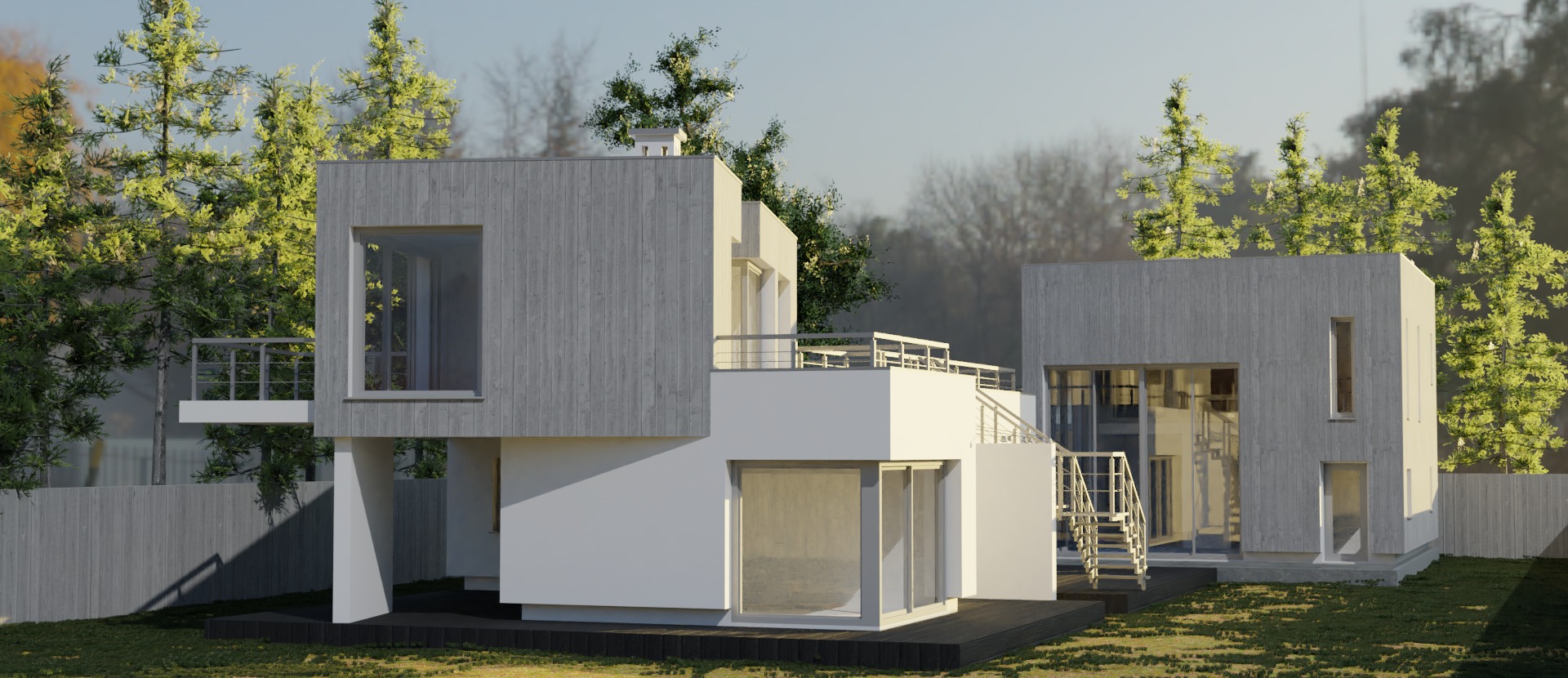 Wizualizacja nowoczesnego domu z elementami drewnianej elewacji, balkonem i schodami zewnętrznymi, otoczonego zielenią.