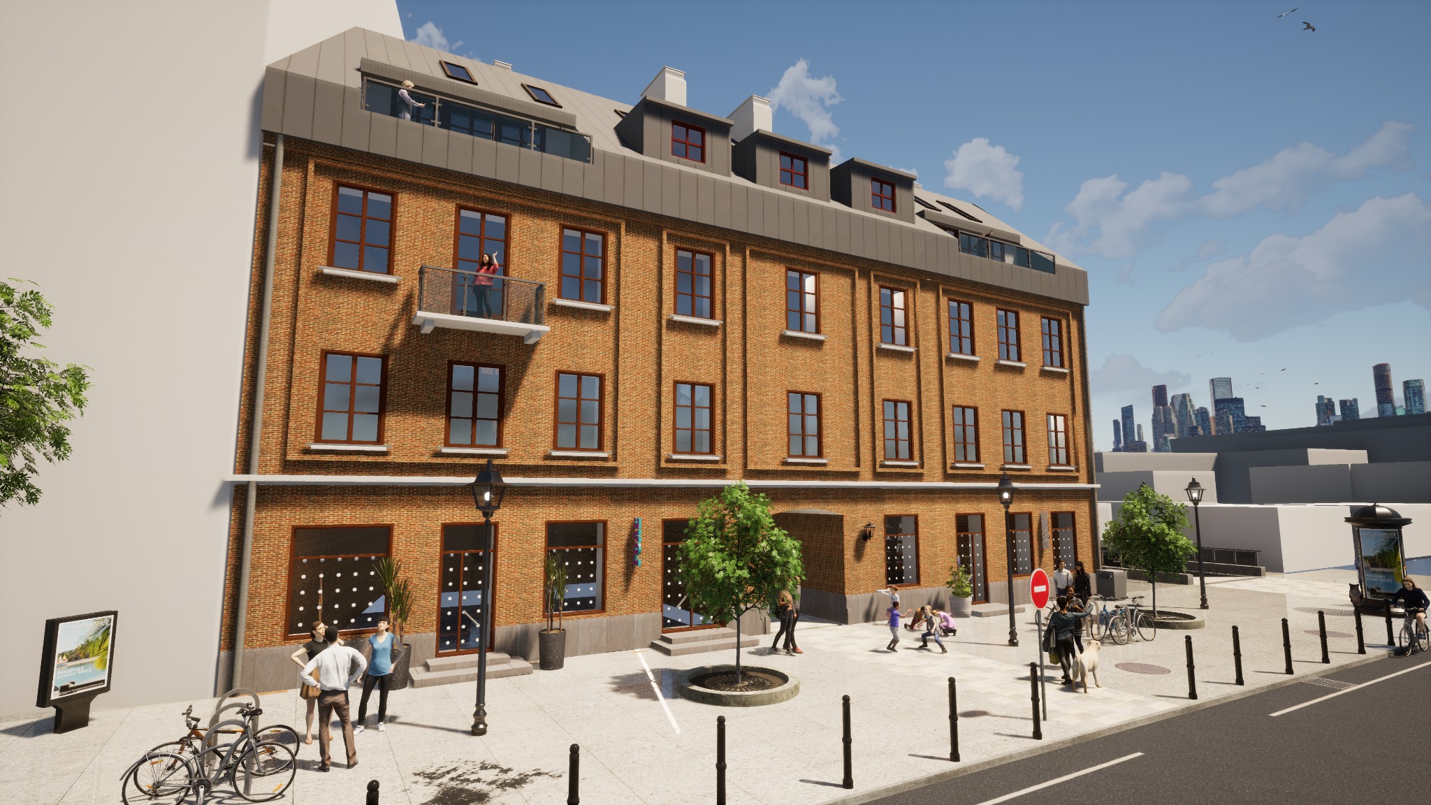 Wizualizacja budynku usługowego z ceglaną fasadą, balkonem i poddaszem, otoczonego chodnikiem z przechodniami i rowerami, na tle panoramy miasta.