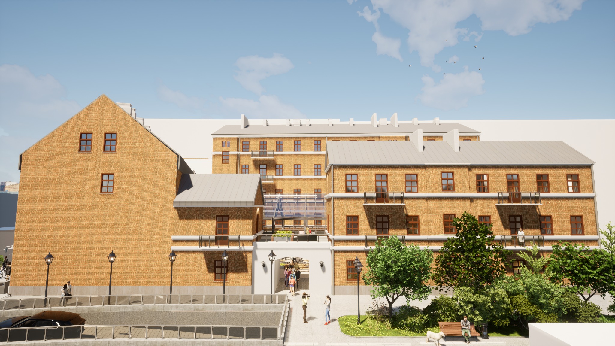 Wizualizacja zespołu budynków z cegły klinkierowej z elementami nowoczesnej architektury, w tym przeszklonym łącznikiem i białym portalem wejściowym, otoczonych zielenią i elementami małej...