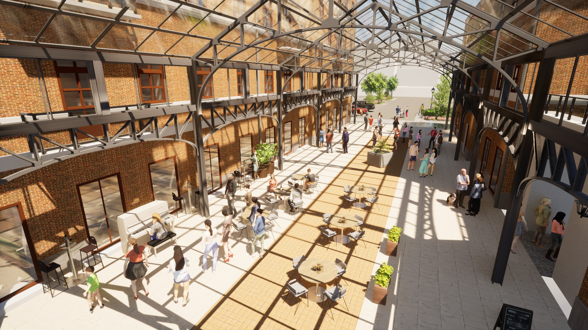 Wizualizacja zadaszonego patio budynku usługowego z ceglanymi ścianami, stalową konstrukcją dachu i licznymi stolikami dla gości.