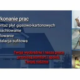 Kolaż zdjęć przedstawiający etapy prac wykończeniowych: montaż płyt, szpachlowanie, malowanie, oraz instalacja sufitowa. Obok zdjęć znajduje się tekst reklamowy.