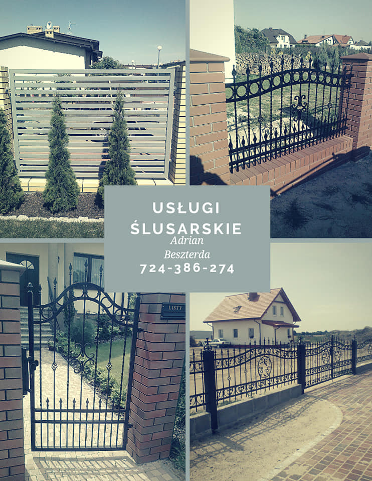 Kolaż zdjęć prezentujący różne typy ogrodzeń: nowoczesne poziome, klasyczne kute z elementami dekoracyjnymi, oraz brama wejściowa z ceglanymi słupkami, uzupełnione o dane kontaktowe firmy.