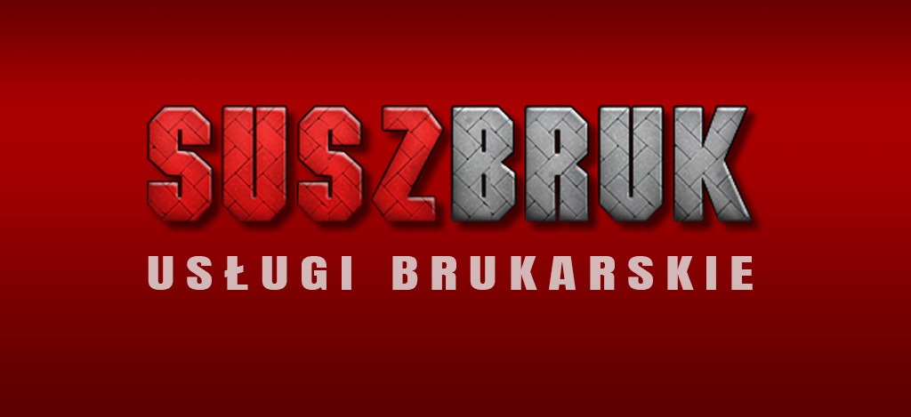 Graficzne logo firmy 'SUSZBRUK' z napisem 'USŁUGI BRUKARSKIE' na czerwonym tle. Litery nazwy firmy wypełnione wzorem kostki brukowej w odcieniach czerwieni i szarości.