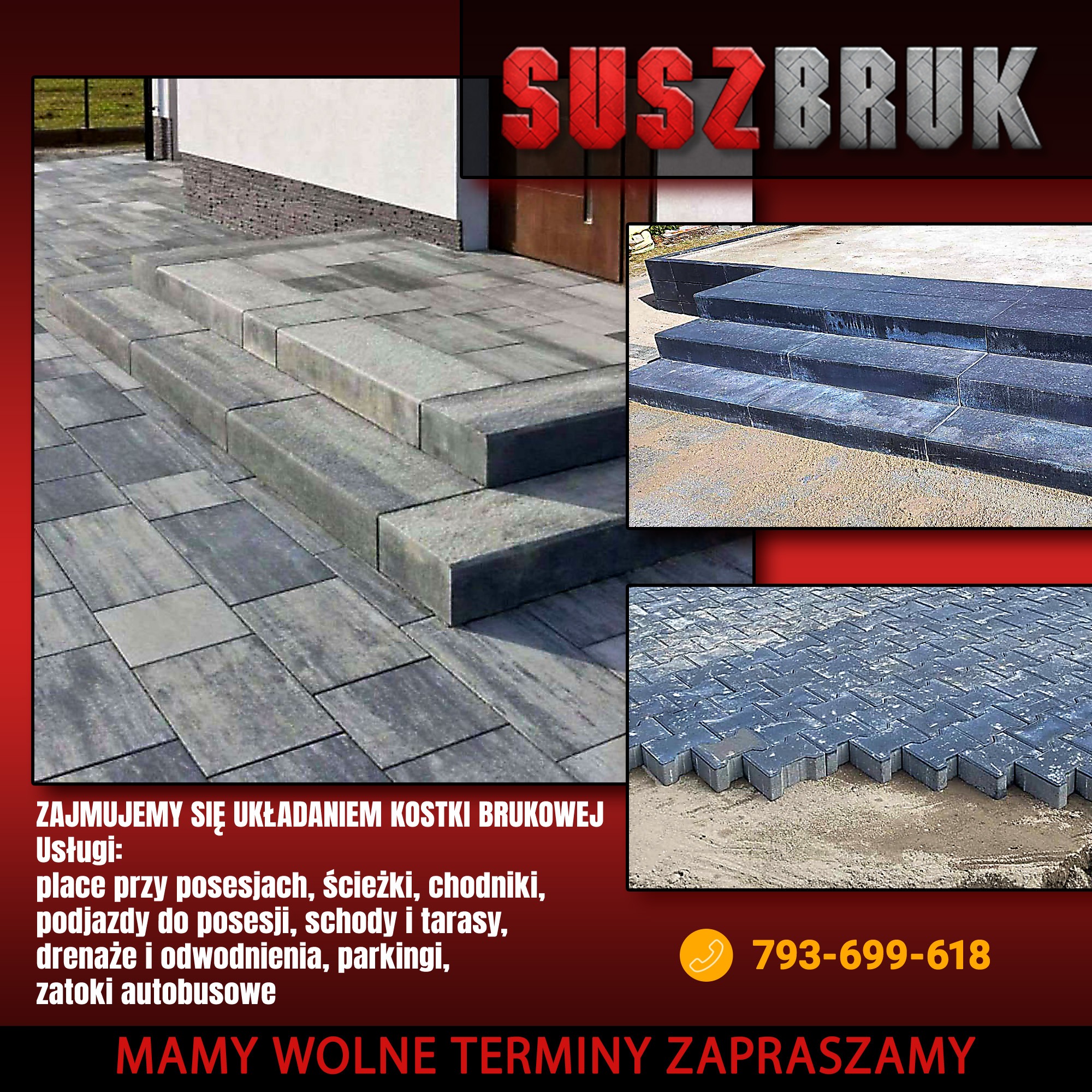 Kompozycja z trzech ujęć: schody wejściowe z szarej kostki brukowej prowadzące do domu, detale stopni z kostki i fragment placu z kostki brukowej w trakcie układania na podsypce.