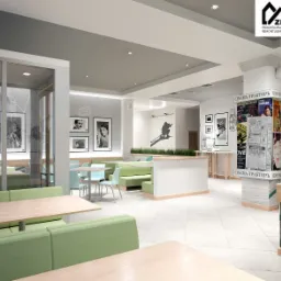 Wizualizacja wnętrza biura lub restauracji w jasnych kolorach z zielonymi akcentami, z dekoracjami nawiązującymi do kina i fotografii, w tym czarno-białe zdjęcia na ścianach i kolumna z plakatami...