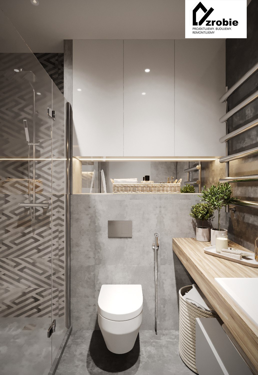 Nowoczesna łazienka z kabiną prysznicową z geometrycznym wzorem na ścianie, podwieszaną toaletą, drewnianym blatem i dekoracyjnymi roślinami w doniczkach.