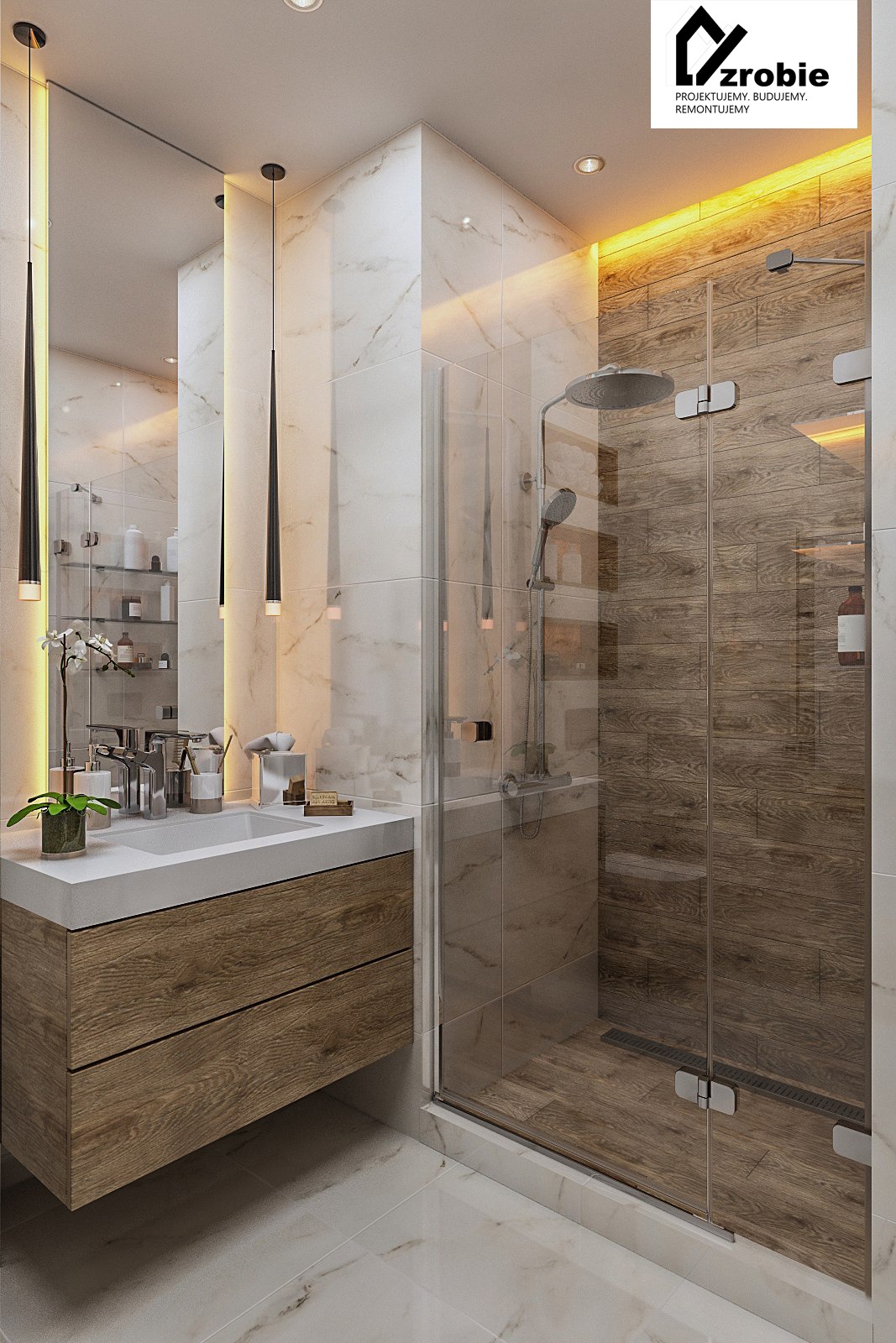 Nowoczesna łazienka z drewnianymi akcentami: szafka pod umywalką z drewnianym frontem, kabina prysznicowa z drewnopodobnymi płytkami, lustro z podświetleniem i wiszące lampy w kształcie stożków.