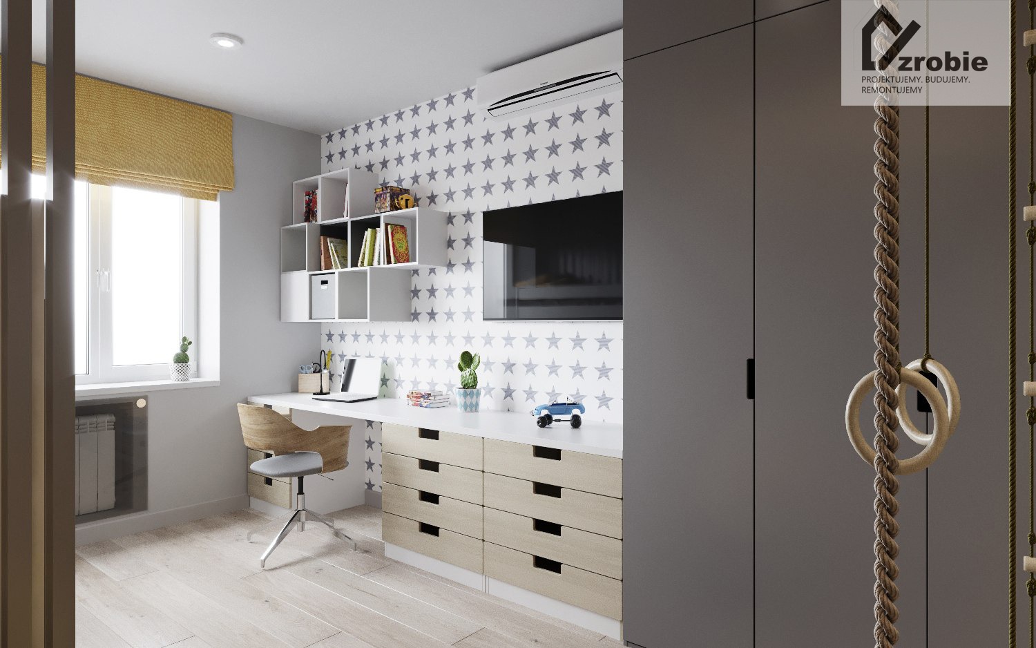 Pokój dziecięcy z biurkiem, szufladami z jasnego drewna, ścianą w szare gwiazdki, telewizorem, półkami na książki, oknem z żółtą roletą i drabinką gimnastyczną z kółkami. Biurko z laptopem, lampką...