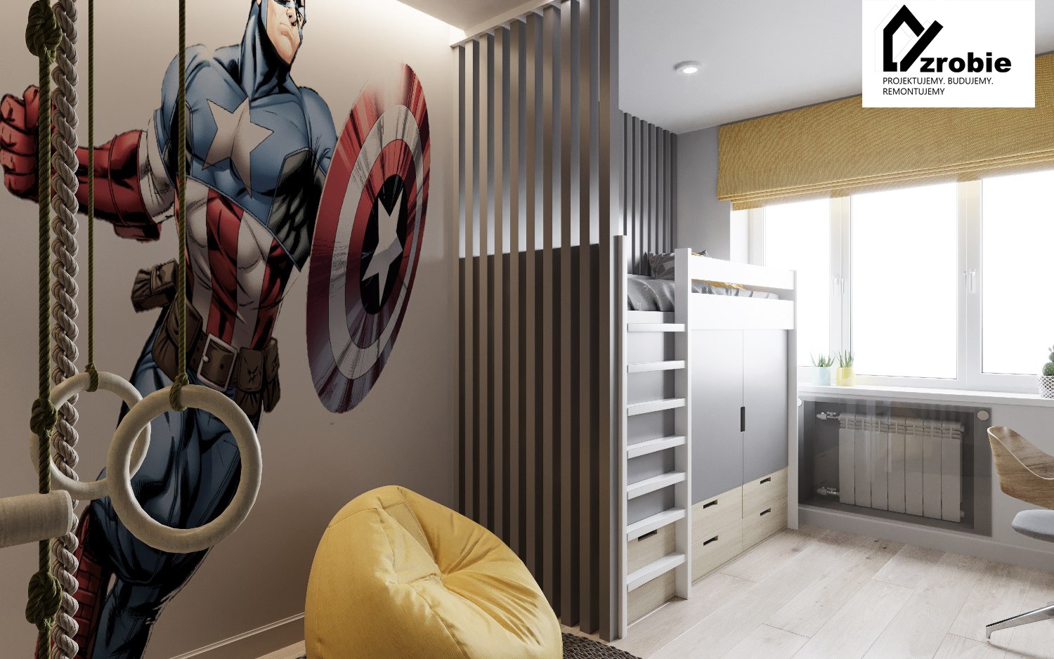 Pokój dziecięcy z łóżkiem piętrowym, workiem sako, ścianą z motywem Captain America i drabinką gimnastyczną z kółkami, oddzielony ażurową ścianką z pionowych listew.