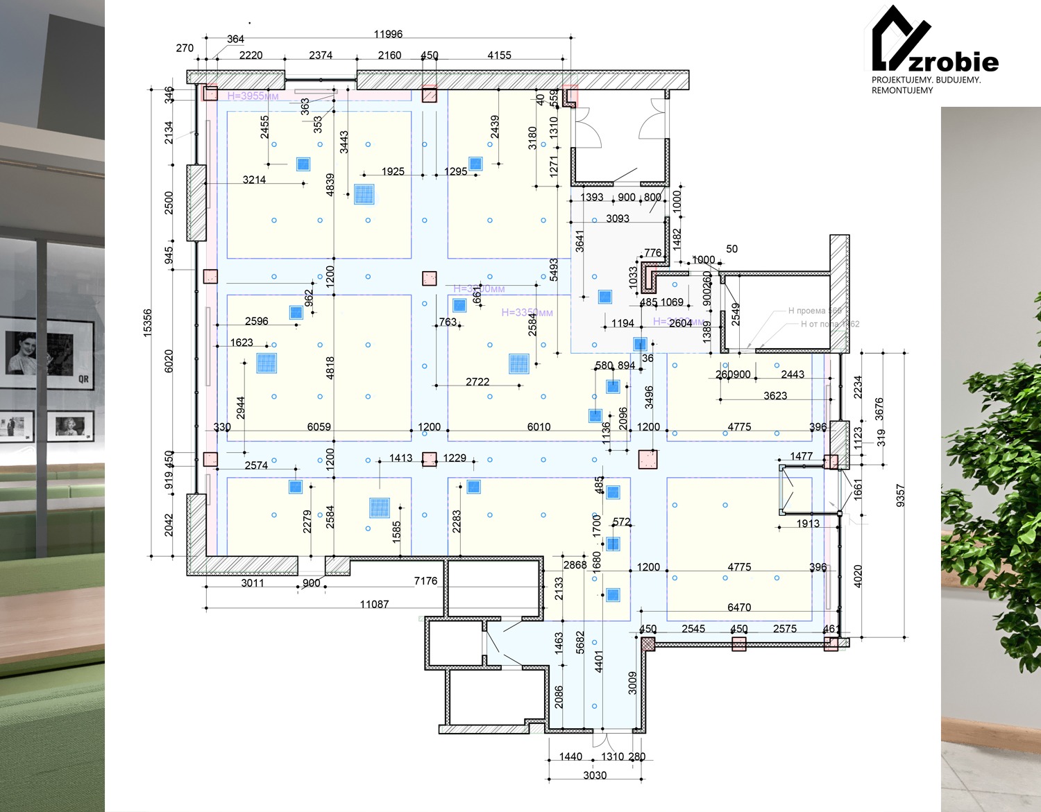 Plan aranżacji wnętrza biura z wymiarami, widok z góry, zawiera szczegółowe oznaczenia i wymiary przestrzeni, oświetlenia i elementów wyposażenia.