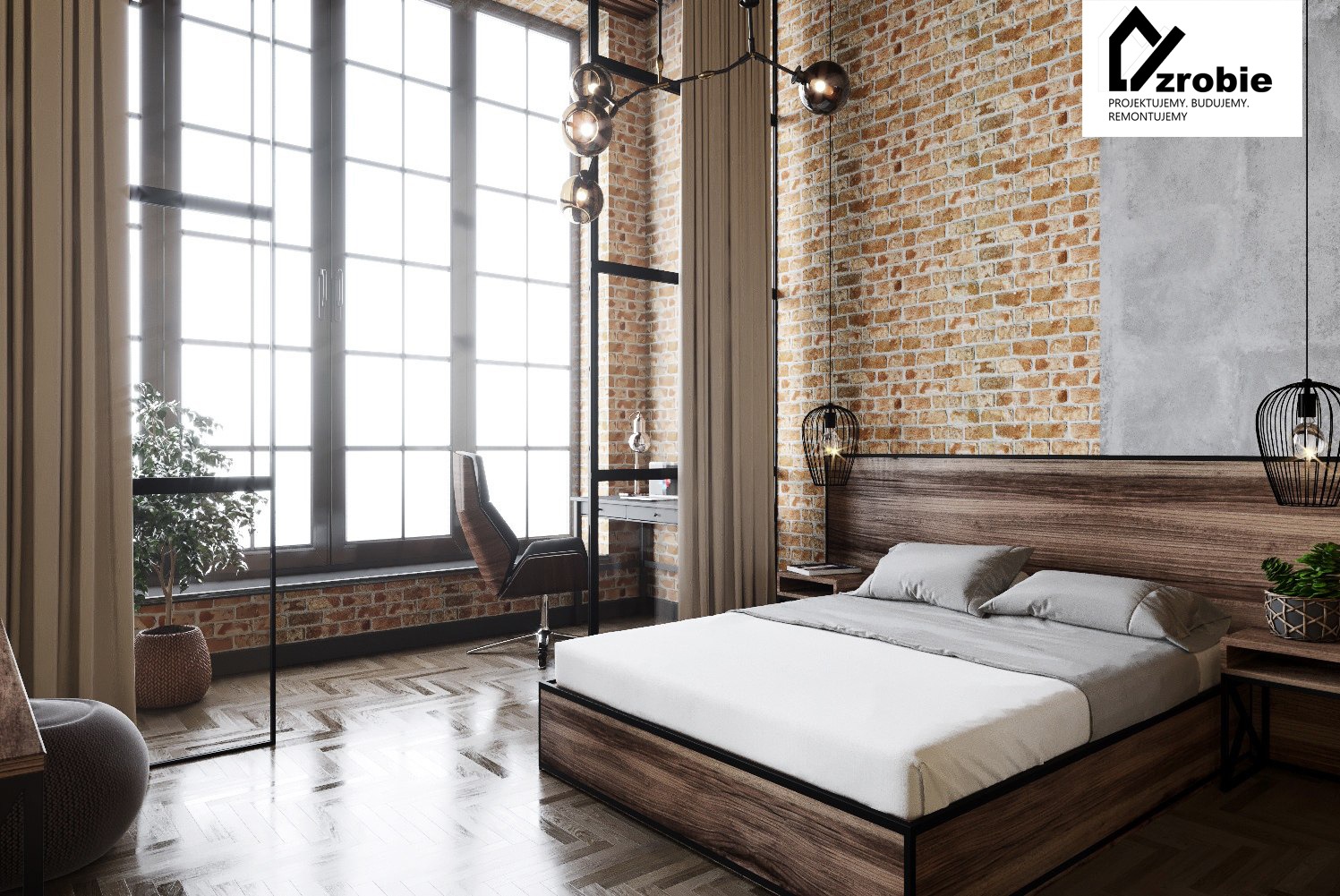 Nowoczesna sypialnia z łóżkiem z drewnianym wezgłowiem, ceglaną ścianą, dużym oknem i lampami wiszącymi w stylu industrialnym. Na podłodze parkiet ułożony w jodełkę. W tle widoczne biurko z krzesłem.