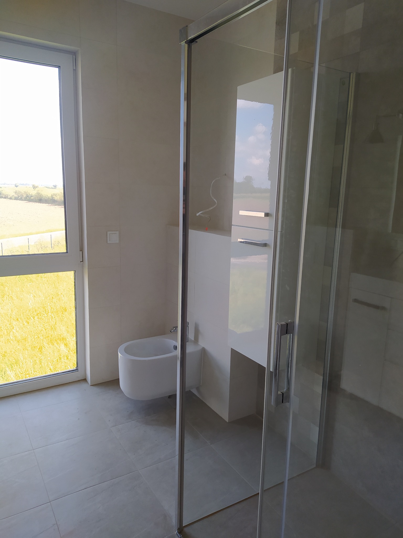 Jasna łazienka z kabiną prysznicową ze szkła hartowanego, białym bidetem i widokiem na łąkę za oknem.