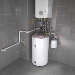 Biały, kondensacyjny kocioł gazowy Termet zamontowany na szarych, kwadratowych płytkach ściennych i podłogowych. Widoczne rury instalacji gazowej i hydraulicznej, manometr oraz zbiornik wyrównawczy.