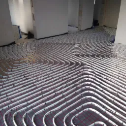 Instalacja ogrzewania podłogowego w trakcie realizacji w Wągrowcu, widoczne białe rury grzewcze ułożone na czerwonej siatce montażowej, surowy stan ścian.