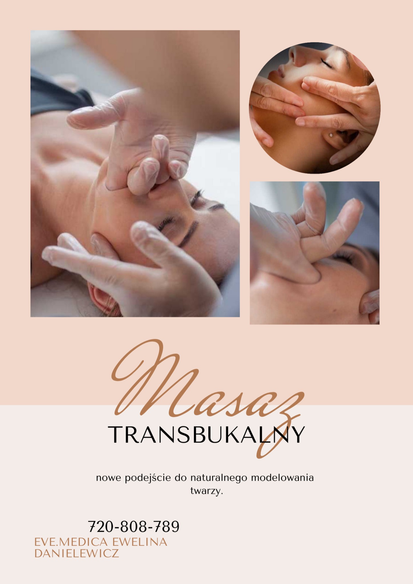 Kobieta podczas zabiegu modelowania twarzy, wykonywanego przez terapeutę w rękawiczkach, z bliska widoczne ruchy dłoni na policzkach i podbródku, ujęcie z góry.