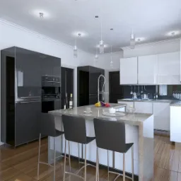 Nowoczesna kuchnia w Elblągu z wyspą z blatem imitującym marmur, czarne szafki z połyskiem i białe wiszące szafki, oświetlenie punktowe i trzy szare krzesła barowe.