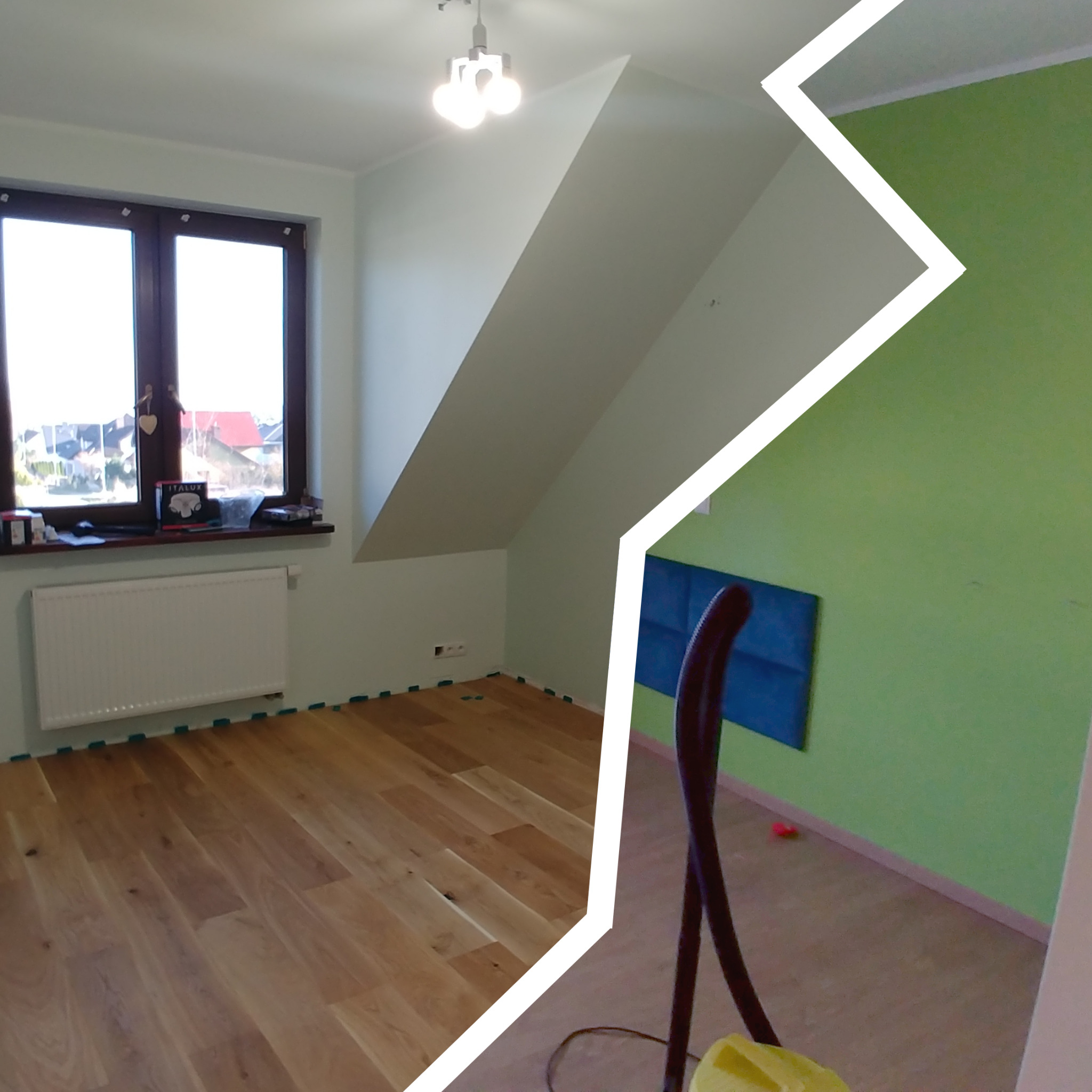 Pokój po remoncie: podłoga z jasnego parkietu zabezpieczona taśmą malarską, ściany częściowo pomalowane na jasnozielono, częściowo na zielono, widoczny grzejnik i okno z widokiem na domy, w tle...