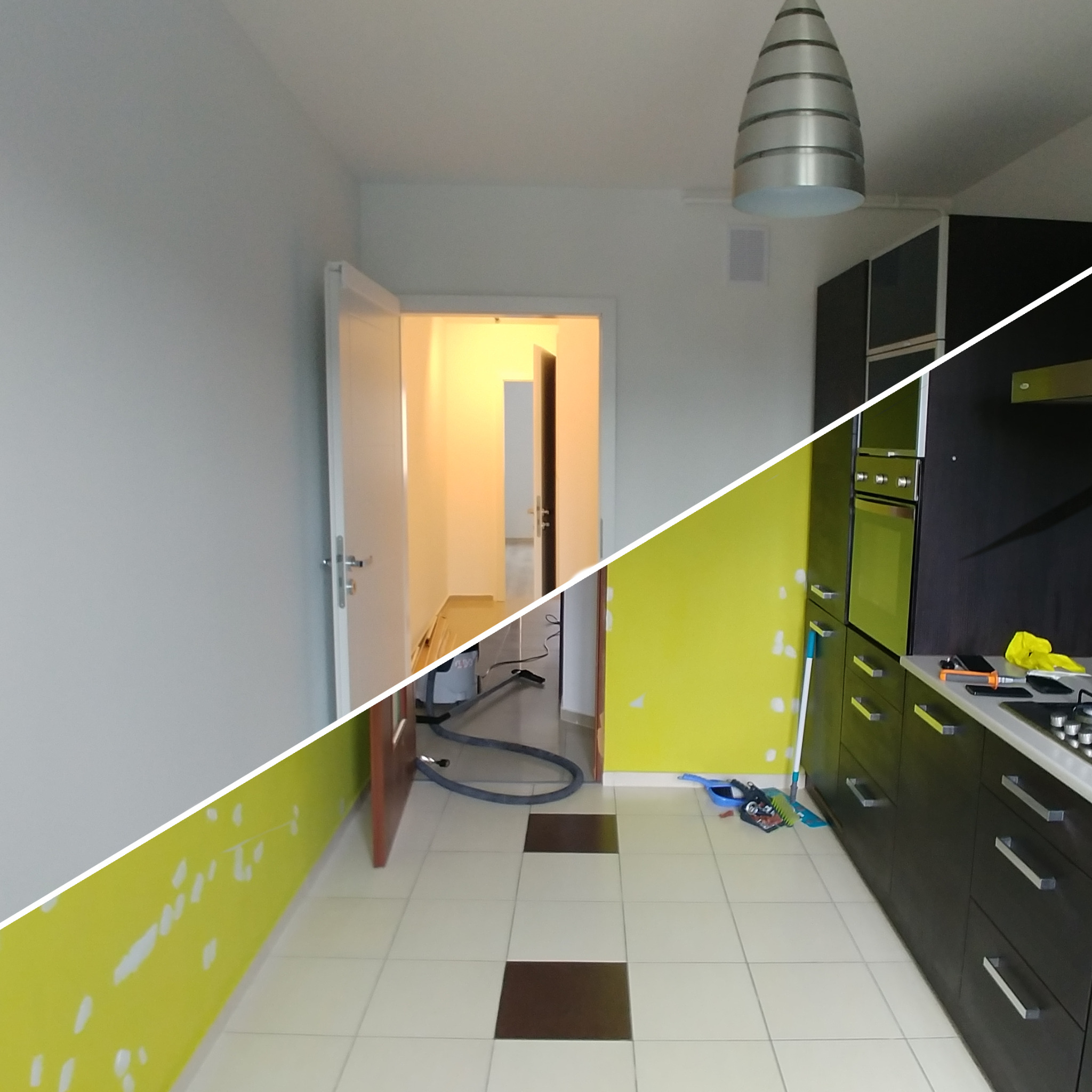 Przed i po: Pokój przed malowaniem na szaro i zielono z zaprawionymi ubytkami, widoczny odkurzacz, oraz kuchnia z ciemnymi szafkami, z akcesoriami do malowania na blacie.