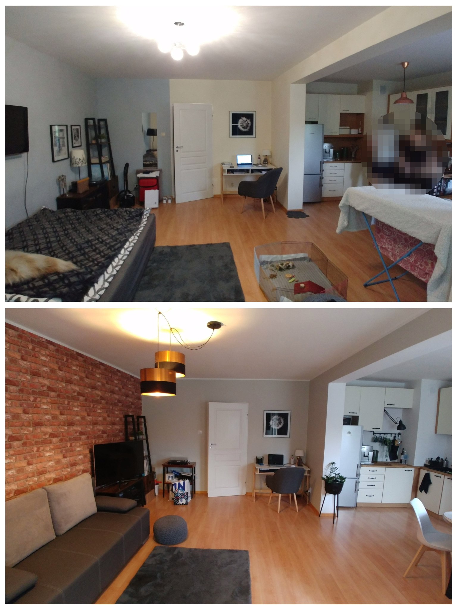 Porównanie salonu przed i po: odświeżone wnętrze z ceglaną ścianą, nową podłogą i oświetleniem, widoczna zmiana aranżacji i stylu.