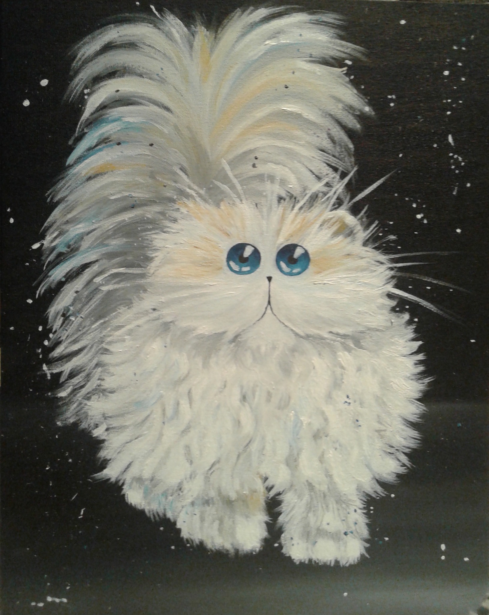 Obraz olejny przedstawiający białego, puszystego kota z dużymi niebieskimi oczami na czarnym tle z białymi plamkami, przypominającymi gwiazdy.