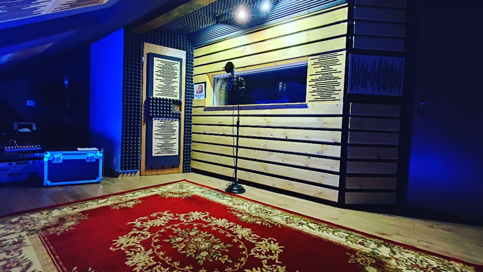 Wnętrze studia nagrań z mikrofonem przed oknem dźwiękoszczelnym, panele akustyczne na ścianach i czerwony dywan z kwiatowym wzorem na podłodze.