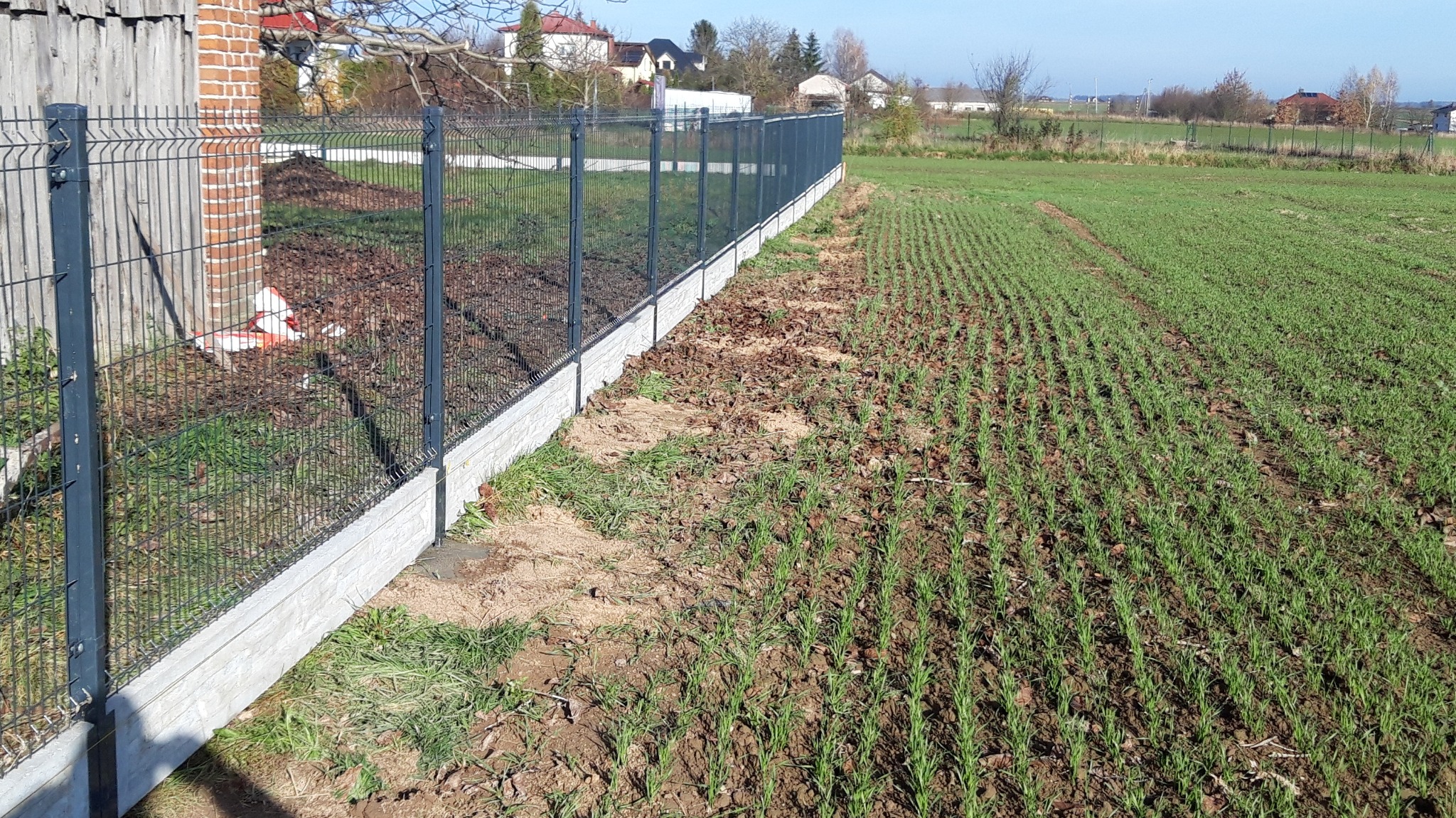 Nowoczesne ogrodzenie z siatki z metalowymi słupkami i betonową podmurówką oddziela posesję od uprawnego pola w słoneczny dzień.