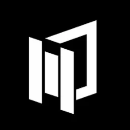 Biały, geometryczny logotyp na czarnym tle, składający się z połączonych prostopadłościanów tworzących abstrakcyjną formę.