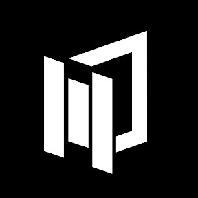 Biały, geometryczny logotyp na czarnym tle, składający się z połączonych prostopadłościanów tworzących abstrakcyjną formę.