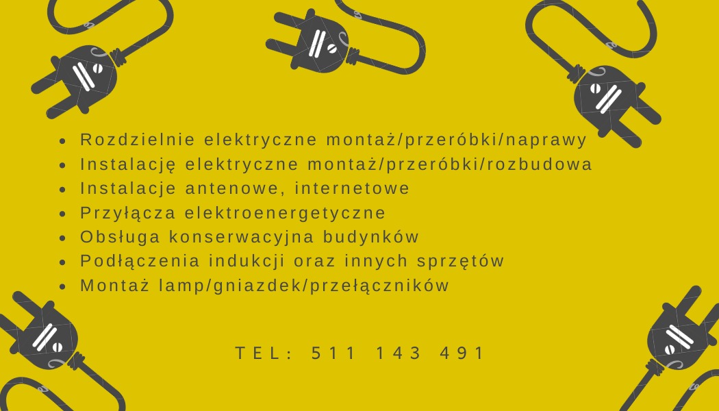 Grafika reklamowa usług elektrycznych na żółtym tle, z motywem stylizowanych wtyczek i listą oferowanych usług oraz numerem telefonu.