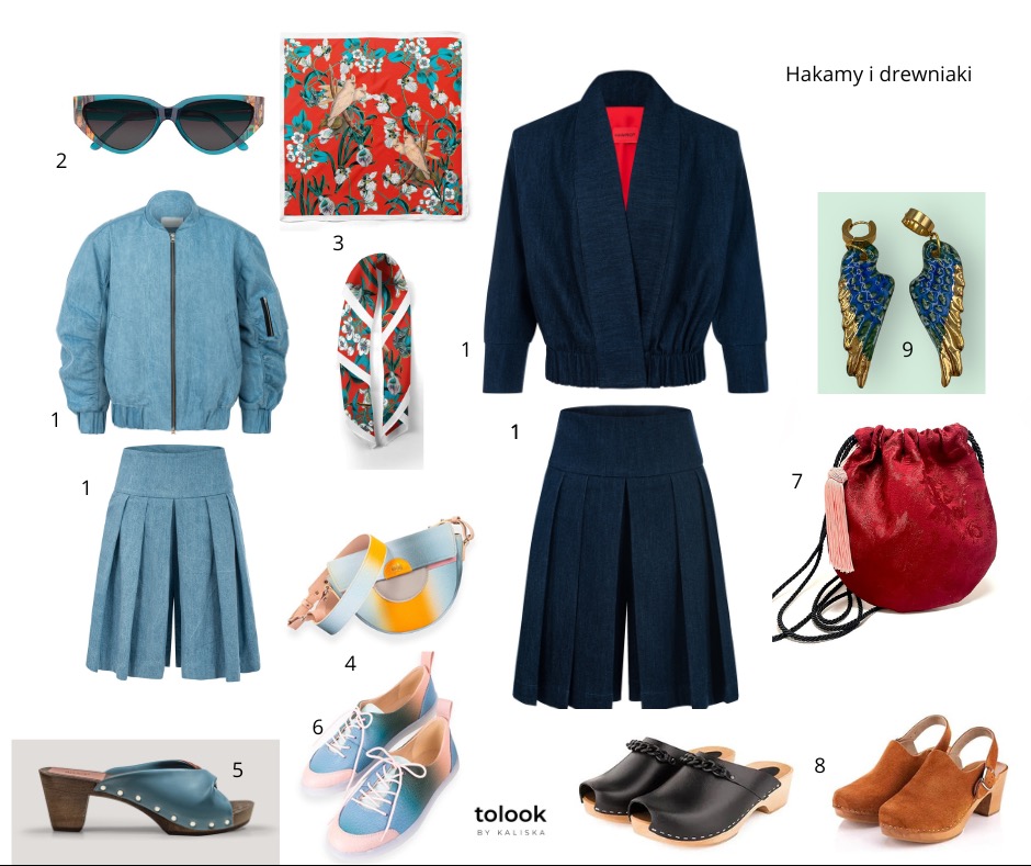 Kolaż odzieży i dodatków: bomberki, spódnico-spodnie, apaszka, torebka, okulary, kolczyki i drewniaki w różnych kolorach i stylach na białym tle.