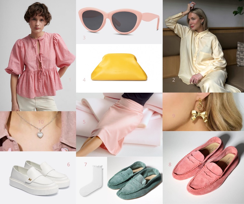 Kompozycja dziewięciu elementów odzieżowych i akcesoriów: różowa bluzka z bufkami, kremowe okulary przeciwsłoneczne, żółta kopertówka, kremowa piżama, różowa spódnica, białe platformy, białe...