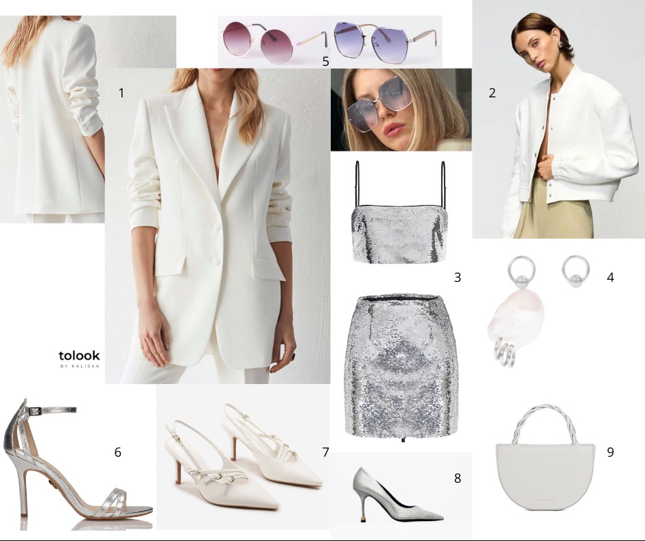 Kolaż odzieżowy: białe marynarki, srebrne buty na obcasie, cekinowy top i spódnica, okulary przeciwsłoneczne i torebka.