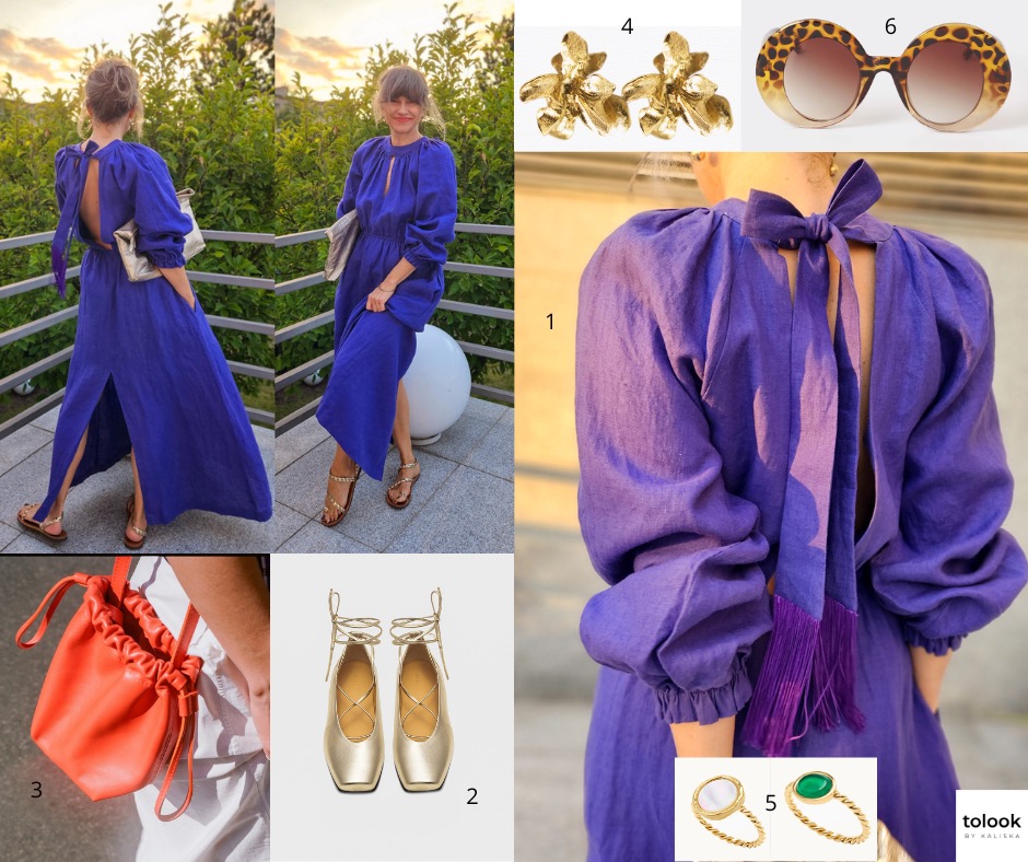 Kolaż prezentujący stylizację: długa, kobaltowa sukienka z lnu z wiązaniem na plecach, złote sandały, pomarańczowa torebka-worek, złote baleriny wiązane na kostce, złote kolczyki w kształcie...