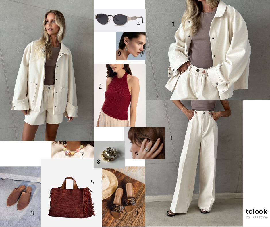 Kolaż prezentujący różne elementy garderoby i akcesoria: beżowa kurtka i szorty, czerwony top, szerokie beżowe spodnie, okulary, kolczyki, klapki, torebka z frędzlami, naszyjnik z kolorowych...