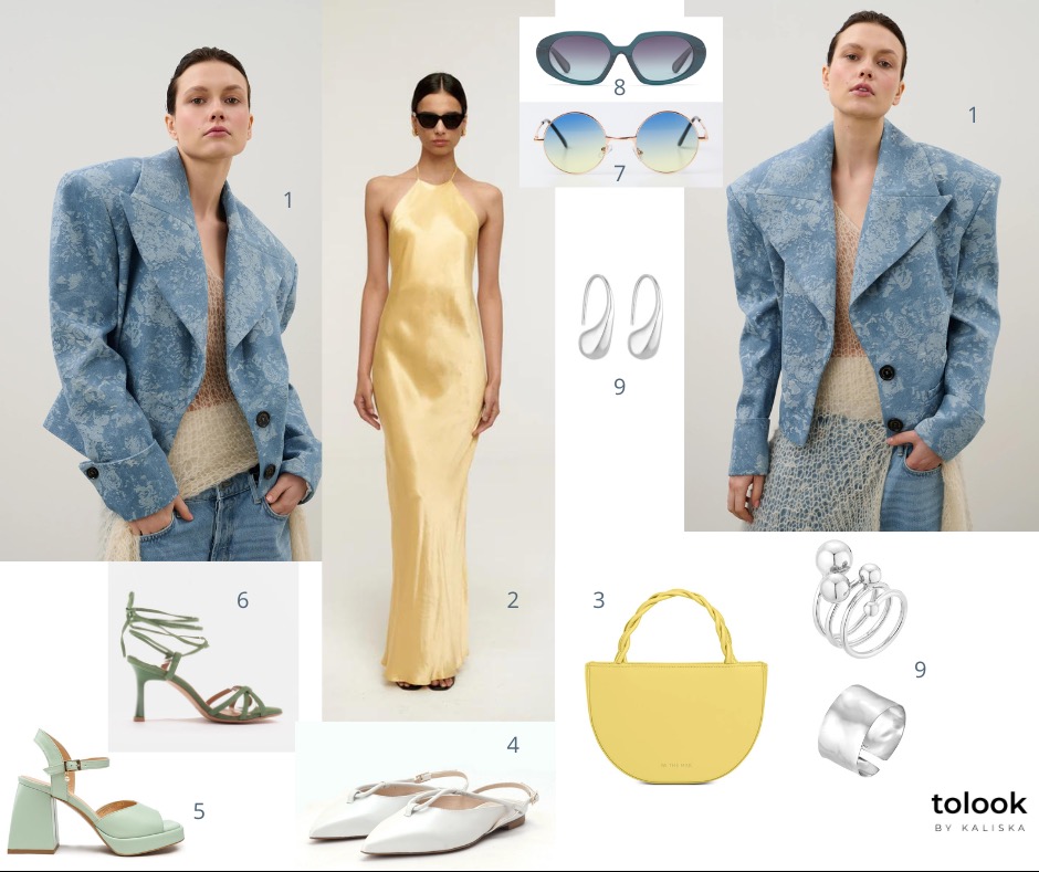 Kolaż z ubrań i akcesoriów: żakiet w niebieski wzór, długa żółta suknia, żółta torebka z plecioną rączką, zielone sandały na obcasie, miętowe buty na platformie, białe baleriny, okulary...
