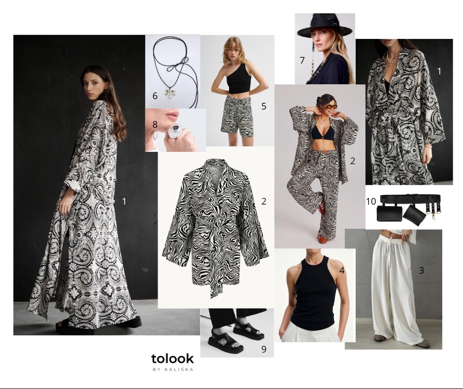 Kolaż prezentujący różne elementy odzieży i akcesoriów damskich, w tym wzorzystą sukienkę maxi, zestaw w zebrę, białe spodnie, czarny top, kapelusz, biżuterię i pasek z saszetkami.