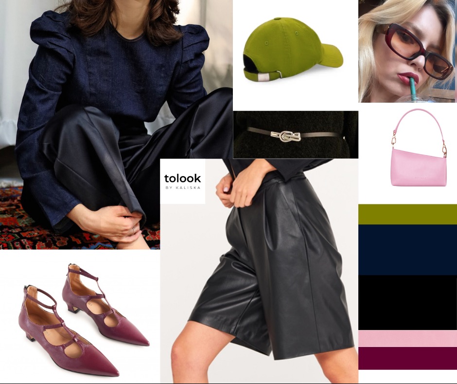 Kompozycja ubrań i akcesoriów: dżinsowa bluzka z bufkami, czarne spodnie, skórzane szorty, bordowe buty na obcasie, różowa torebka, zielona czapka z daszkiem, pasek z ozdobną klamrą, paleta kolorów...