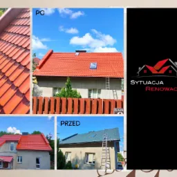 Kompozycja zdjęć: detal czerwonej dachówki, dom z nowym czerwonym dachem na tle błękitnego nieba, porównanie stanu dachu przed i po renowacji oraz logo firmy 'Sytuacja Renowacja'.