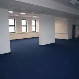 Duże, puste biuro z granatową wykładziną dywanową, białymi ścianami i kolumnami oraz oknami w tle.