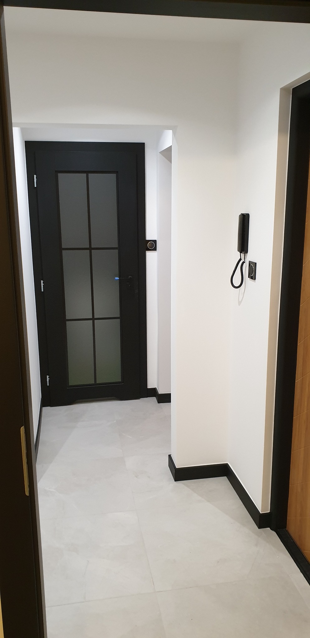 Nowoczesny przedpokój z czarną, przeszkloną stolarką drzwiową, jasnymi ścianami z czarnymi listwami przypodłogowymi i szarą podłogą z płytek, telefon ścienny w kolorze czarnym.