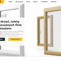 Projekt strony internetowej prezentujący ofertę okien i rolet, z wyraźnym podziałem na ofertę okien i rolet, z drewnianymi ramami okiennymi