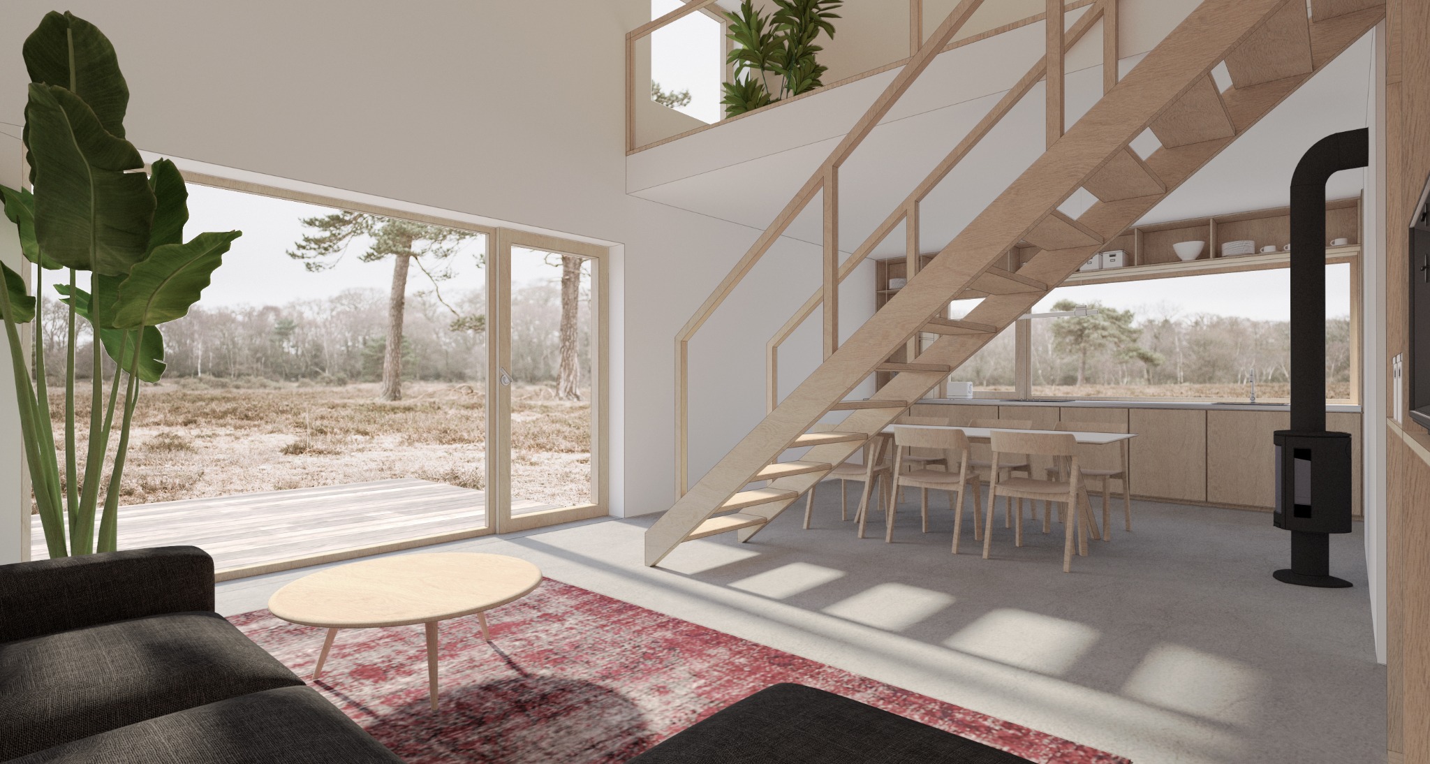 Wizualizacja wnętrza domu jednorodzinnego w stylu skandynawskim z dużymi oknami na las, drewnianymi schodami i piecem wolnostojącym.