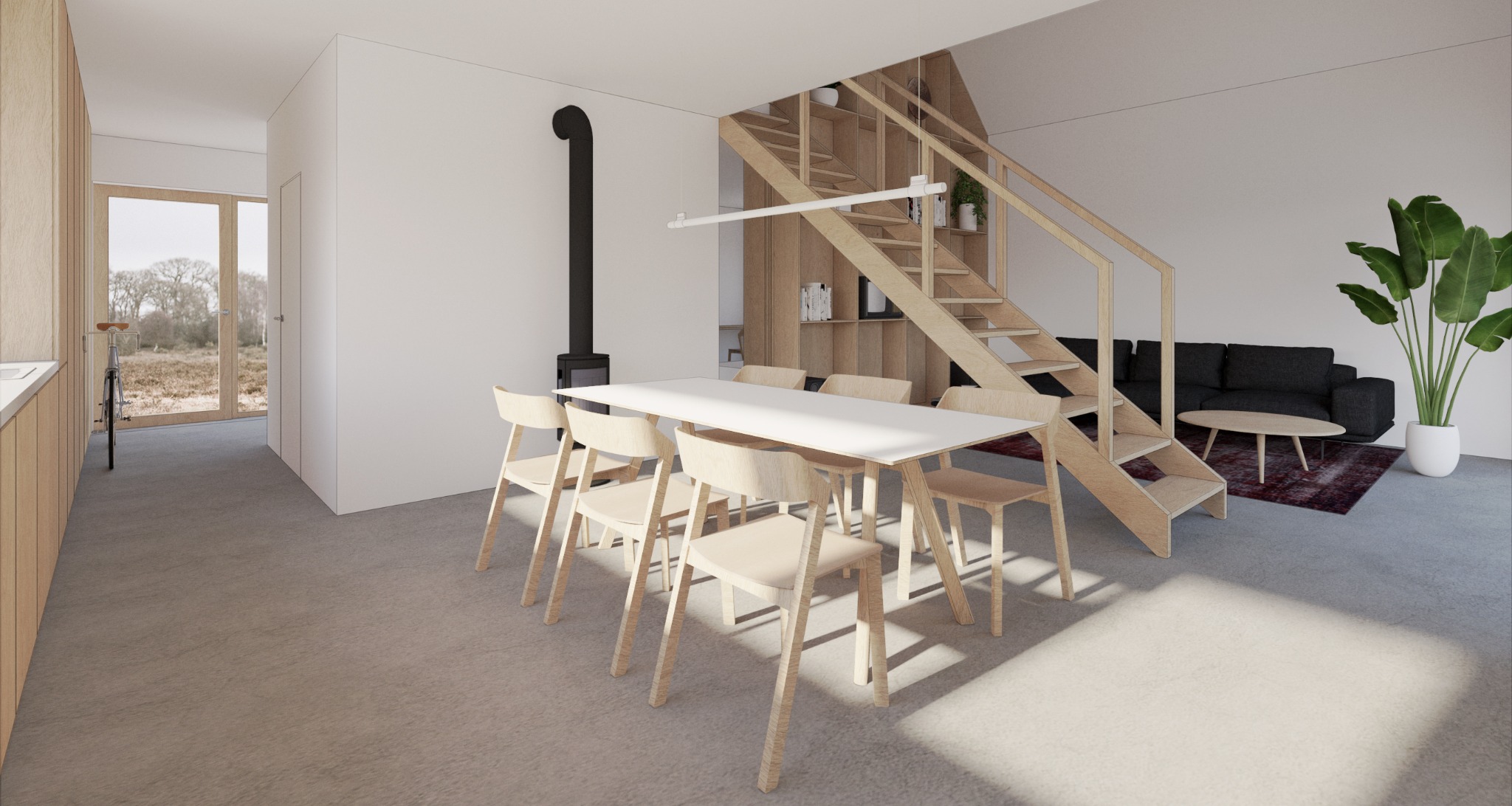 Wnętrze domu jednorodzinnego w stylu skandynawskim z drewnianymi schodami, białym stołem i kominkiem.