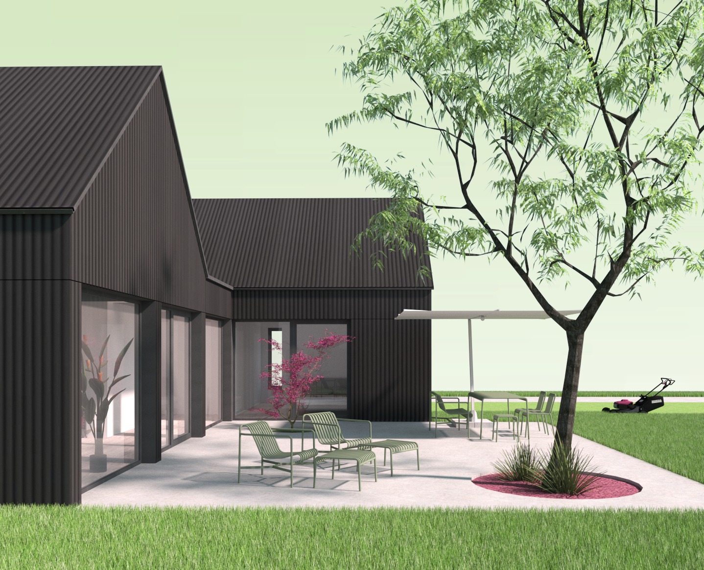 Wizualizacja nowoczesnego domu jednorodzinnego z czarną, żebrowaną elewacją i dużymi oknami, otoczonego zielonym trawnikiem, drzewem i patio z zielonymi meblami ogrodowymi. W tle widoczna kosiarka.